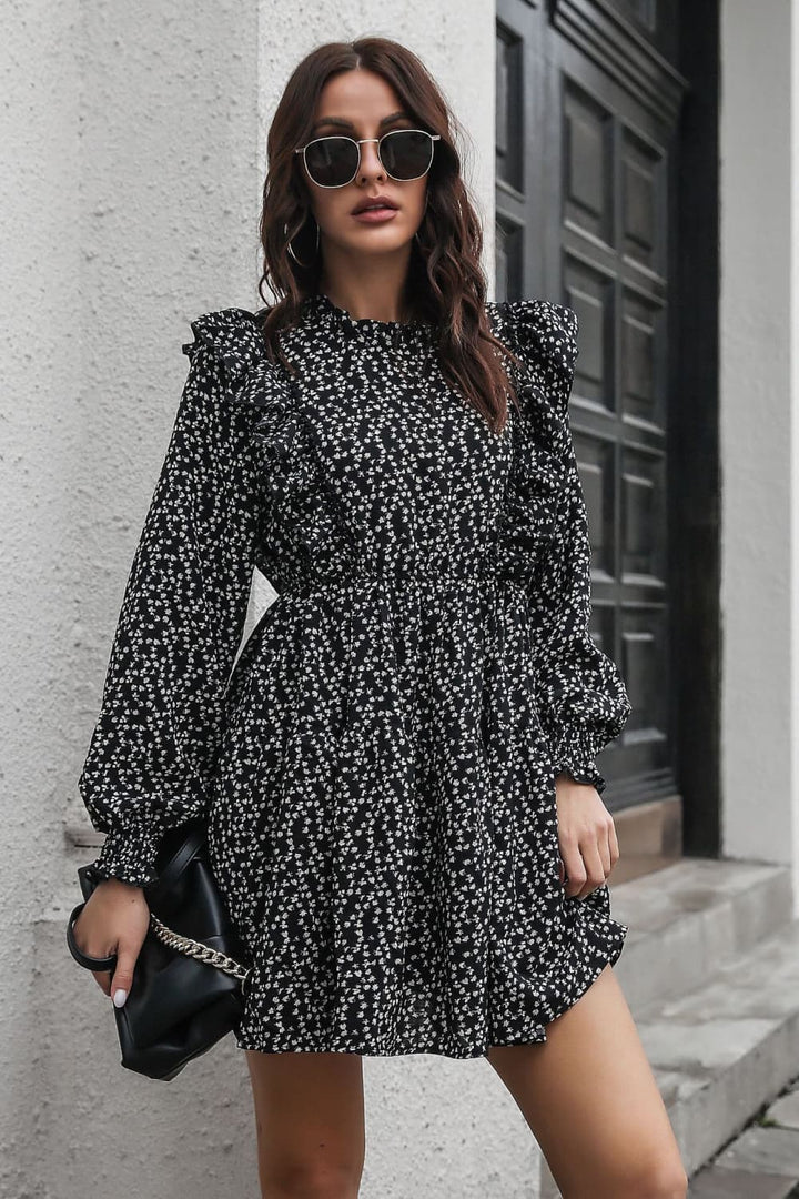 Stilla | Ruffle Trim Smocked Long Sleeve Mini Dress