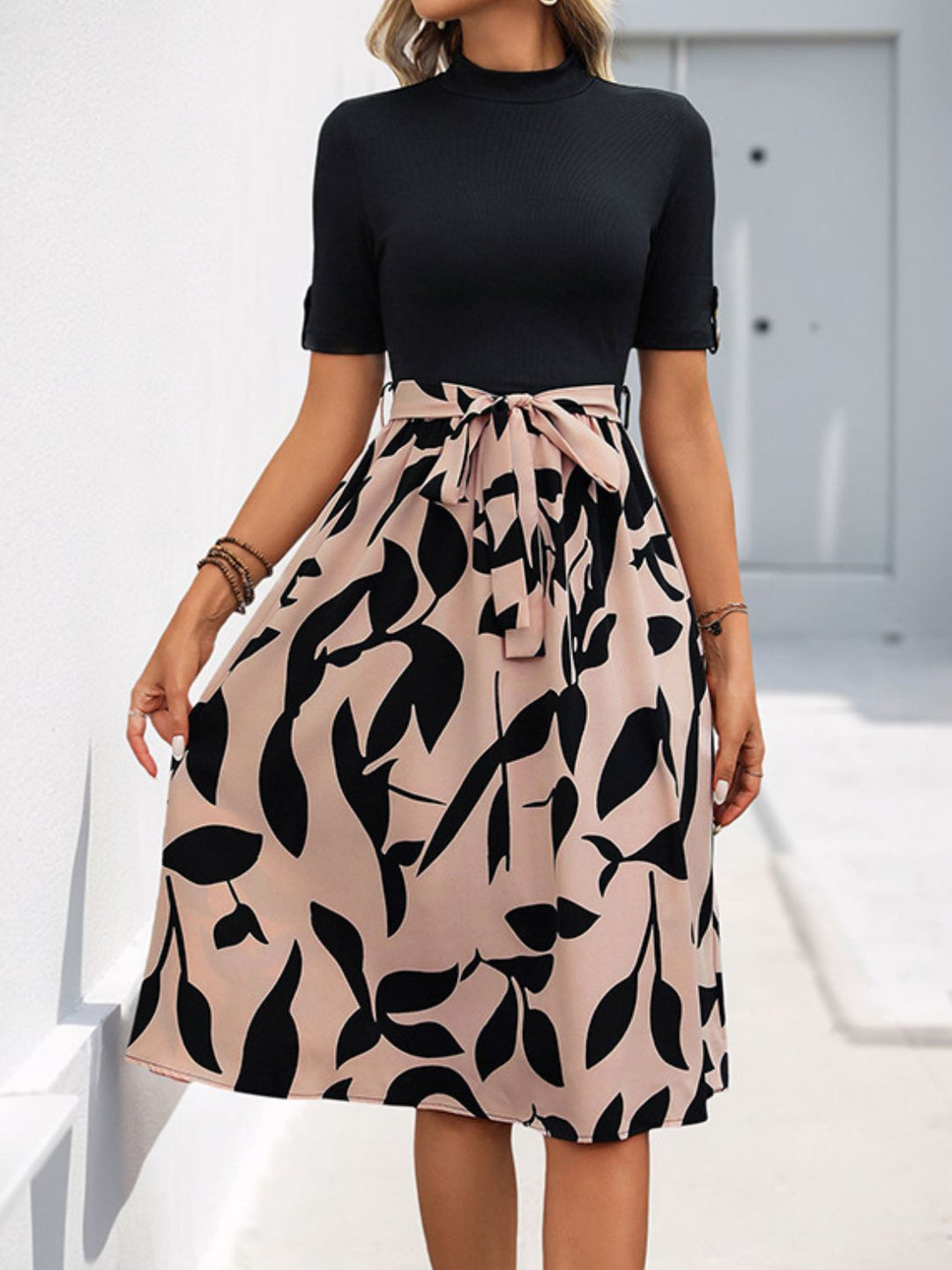Stilla | Tied Printed Mock Neck Short Sleeve Dress