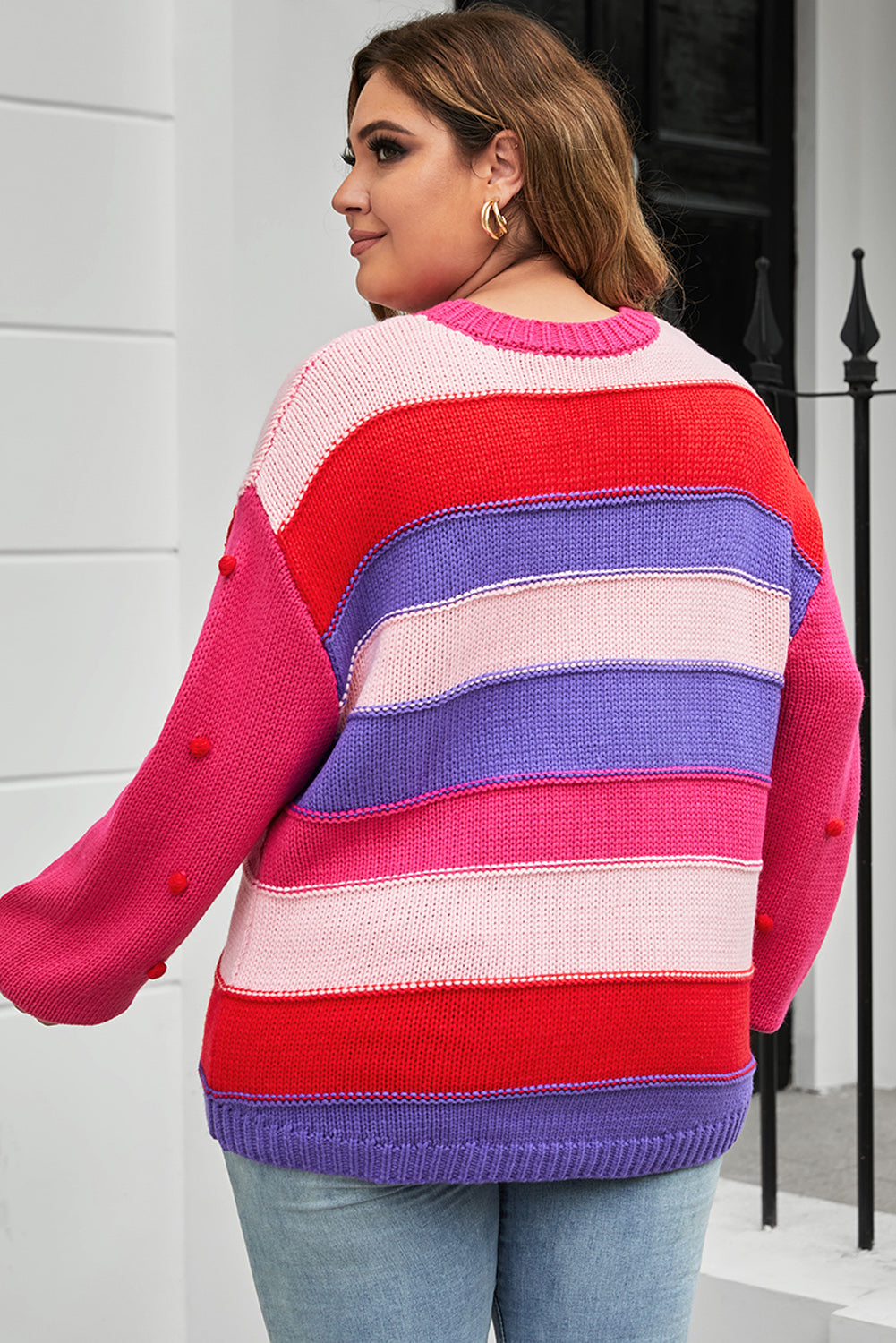 Stilla | Plus Size Farveblokken Pom-Pom Trim Sweater