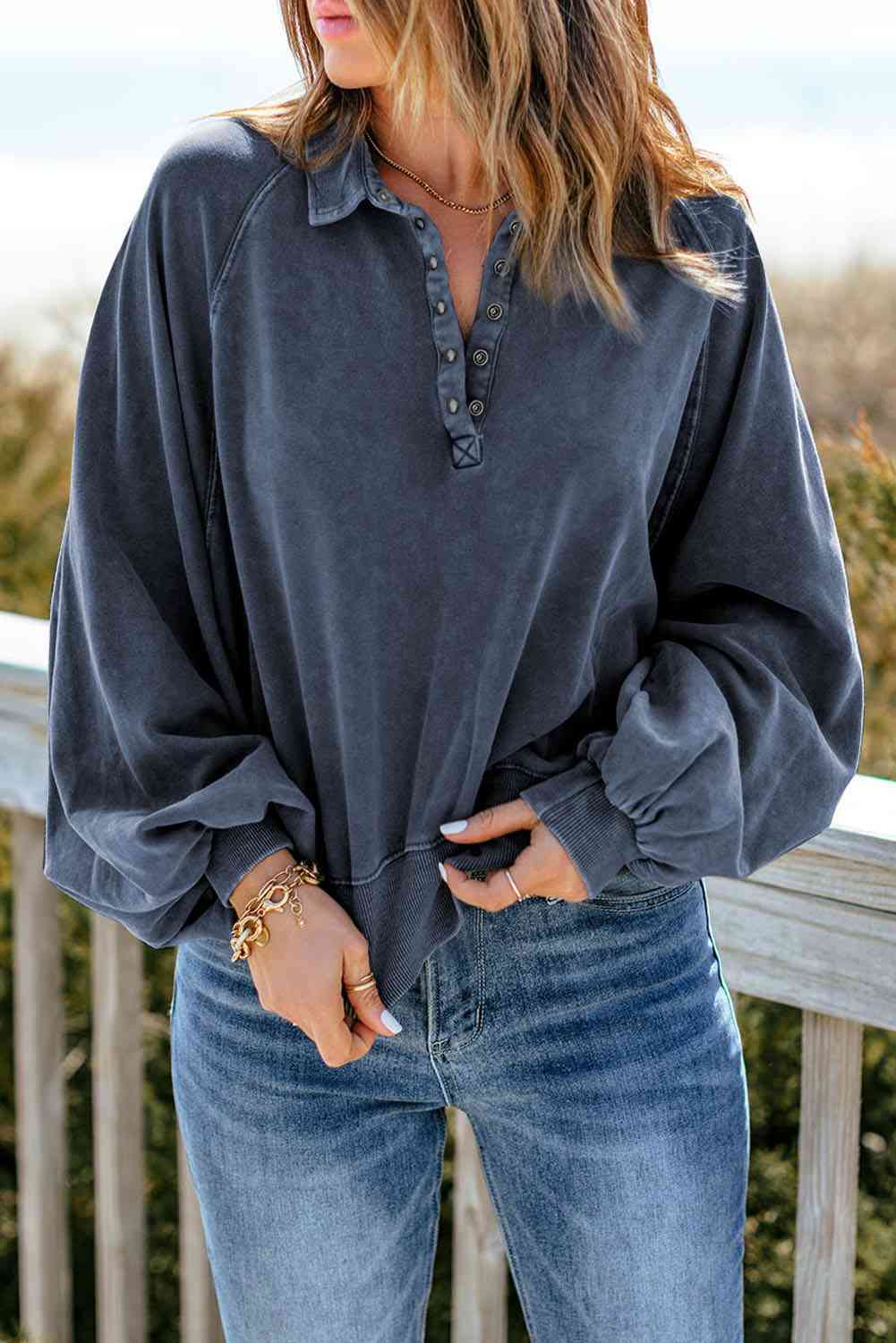 Stilla | Snap Krave Lantern Ærme Sweatshirt