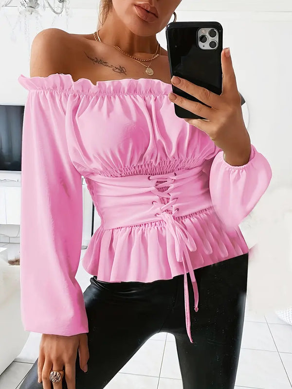 Stilla | Top Off Shoulder Top Med Justerbar Talje og Lange Ærmer