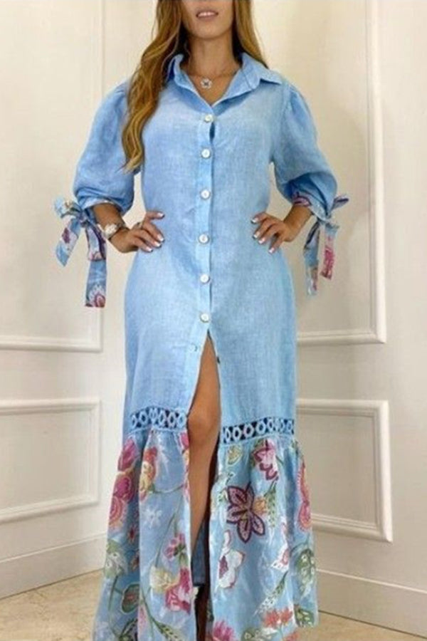 Stilla | Dorris Lace Bandage Blomsterprint Skjorte Maxi Kjole