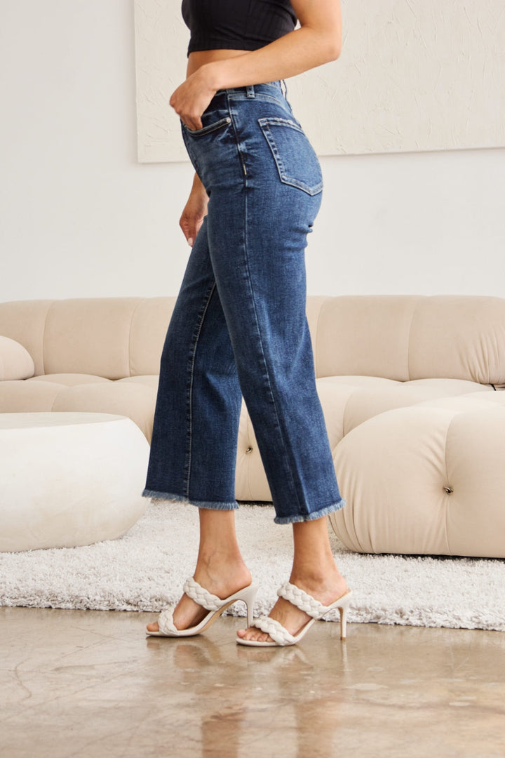 Stilla | Full Size Tummy Control High Waist Raw Hem Jeans