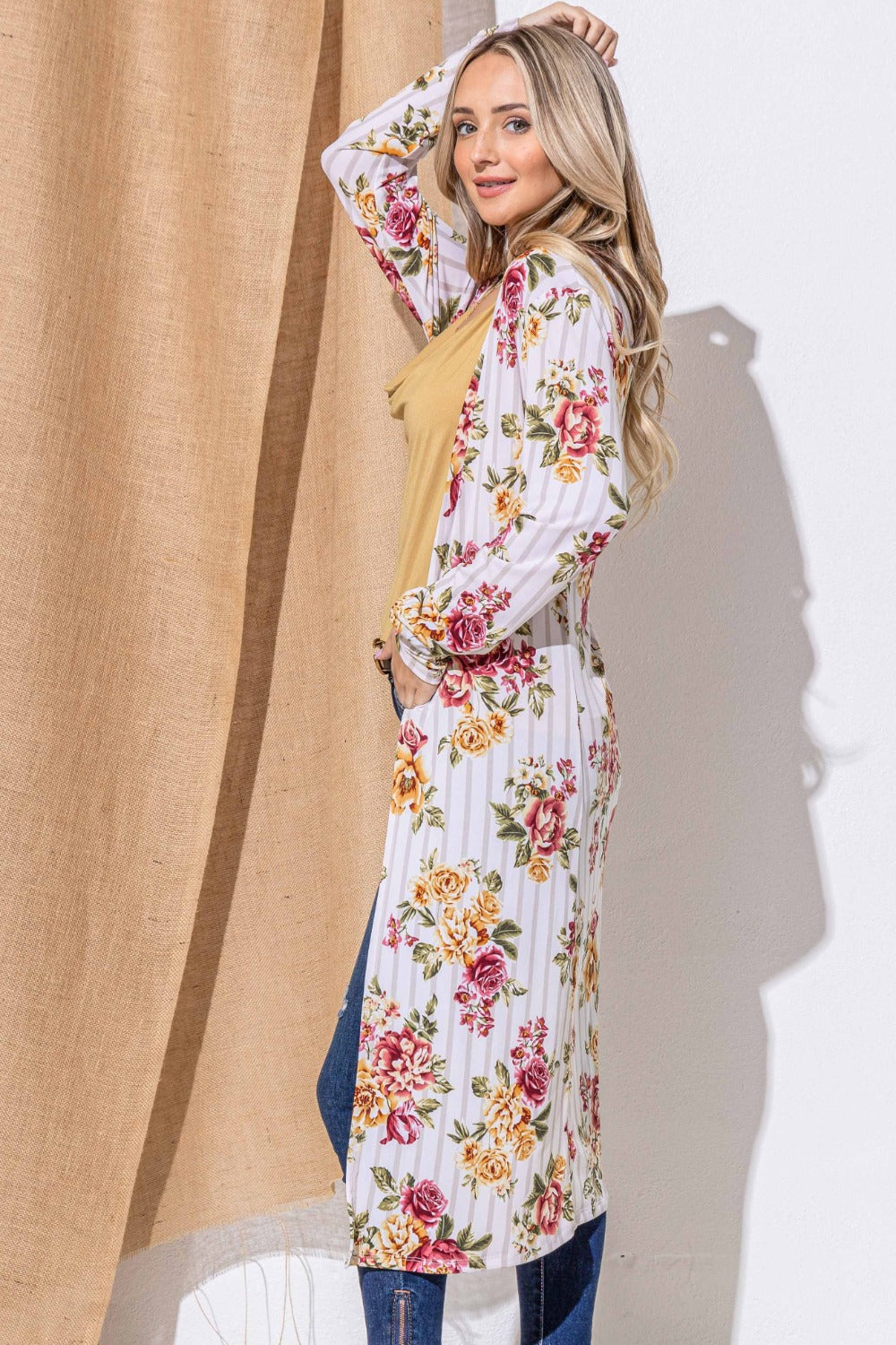 Stilla | og Det Hvorfor Floral Kimono Strikjakke Lang Åben Foran