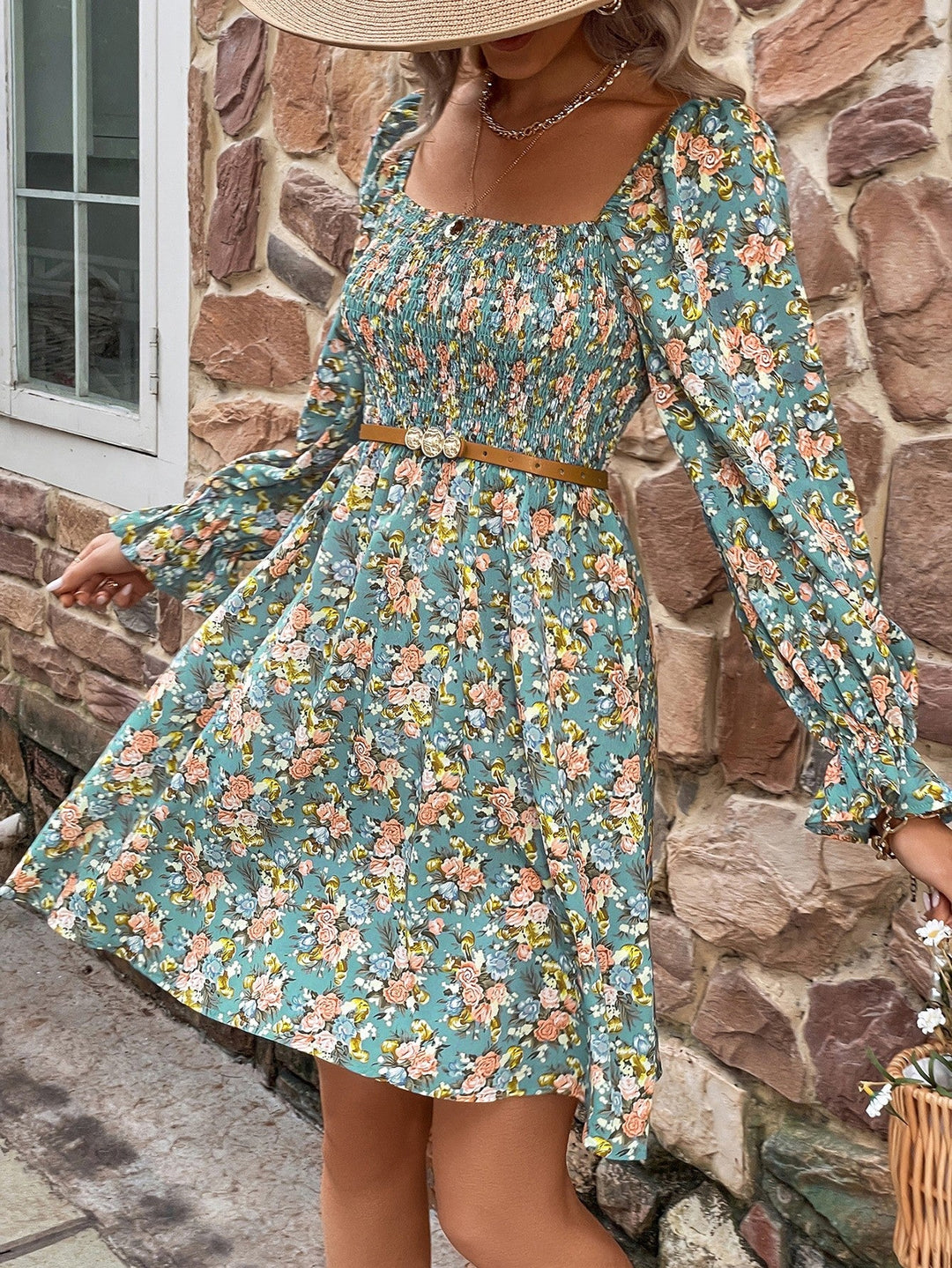 Stilla | Smocked Flounce Sleeve Square Neck Dress