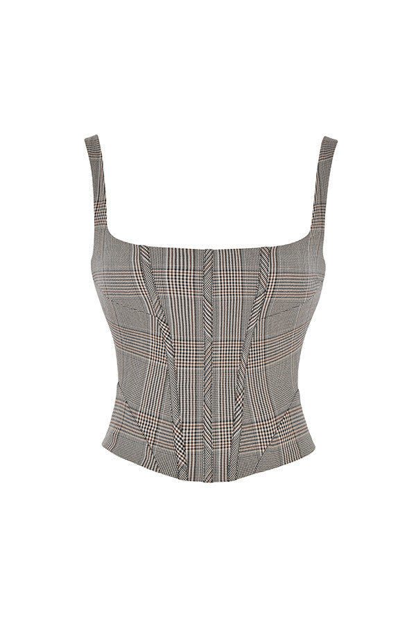 Stilla | Mistress Rocks Monokrom Plaid Firkantet Hals Korset Og Plaid Mini Nederdel Med Udskæring
