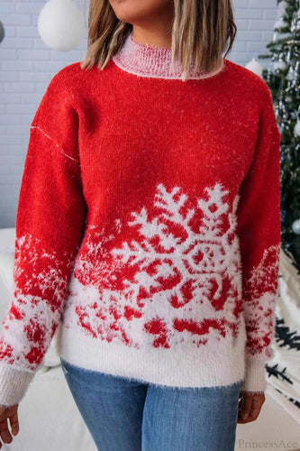 Stilla | Jule rød snefnug mønster rullekrave bredt skåret sweater
