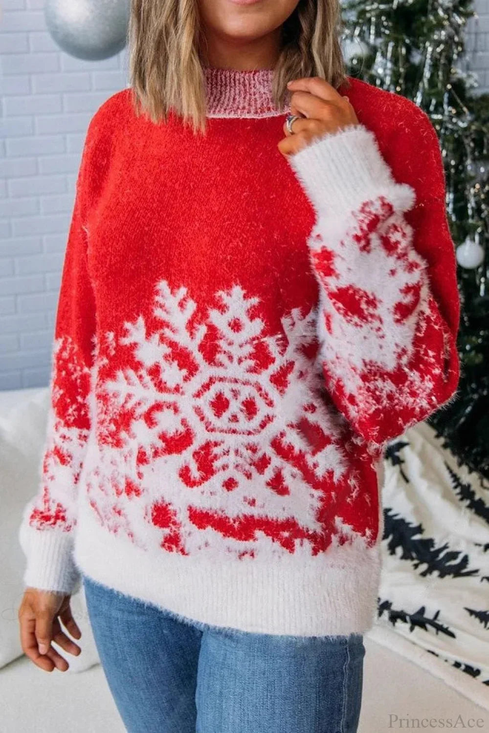 Stilla | Jule rød snefnug mønster rullekrave bredt skåret sweater