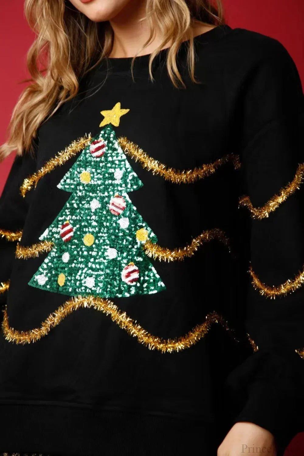 Stilla | Juletræ Paillette Casual Løs Lange Ærmer Tee