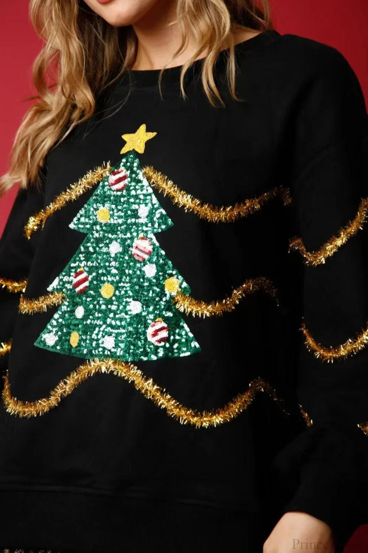 Stilla | Juletræ Paillette Casual Løs Lange Ærmer Tee