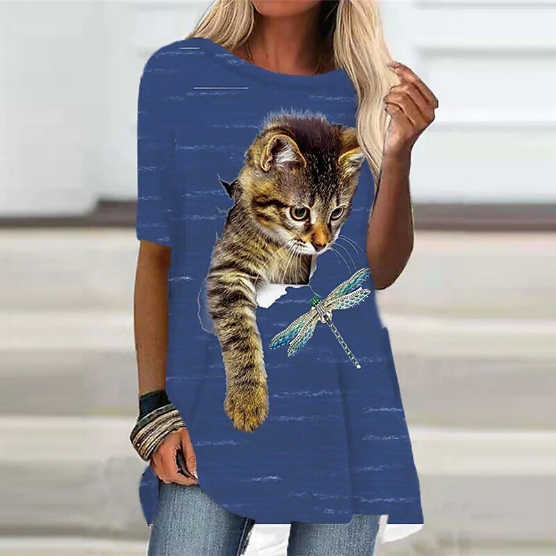 Stilla | T shirt med katteprint til kvinder