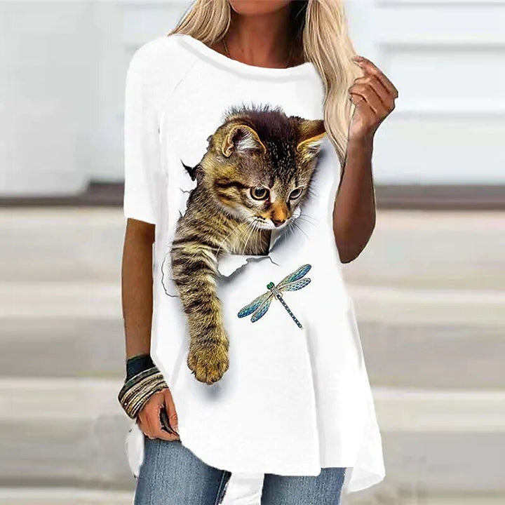 Stilla | T shirt med katteprint til kvinder