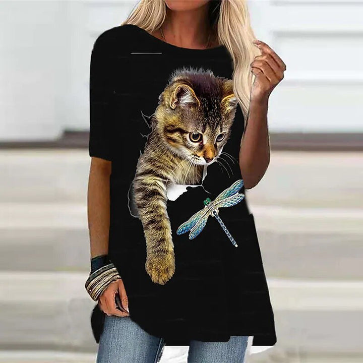 Stilla | T shirt med katteprint til kvinder