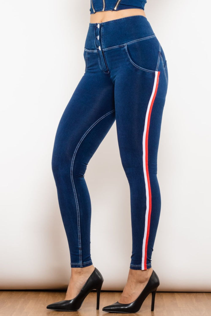 Stilla | Stribet Knappet Høj Talje Skinny Jeans