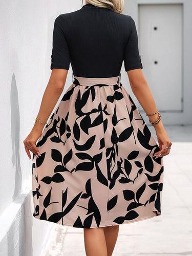 Stilla | Tied Printed Mock Neck Short Sleeve Dress
