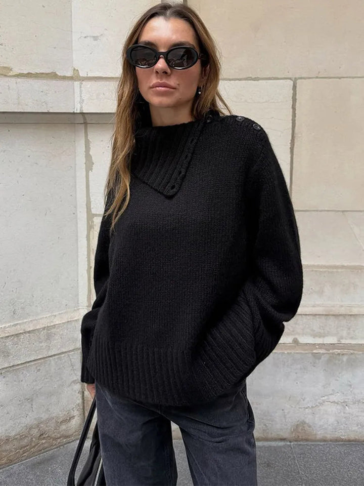 Stilla | Cozy Sweater med Knappet Ståkrave og Afslappet Pasform