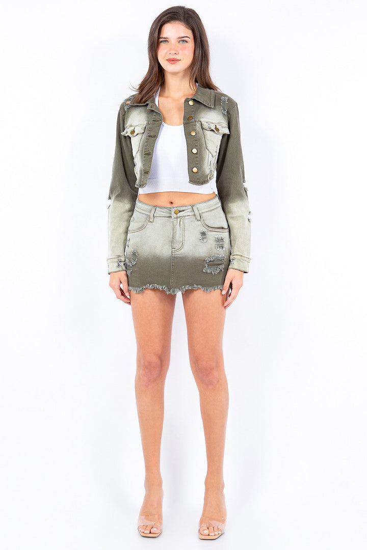 Stilla | Bazi Distressed Ombre Vasket Cropped Denim Jakke