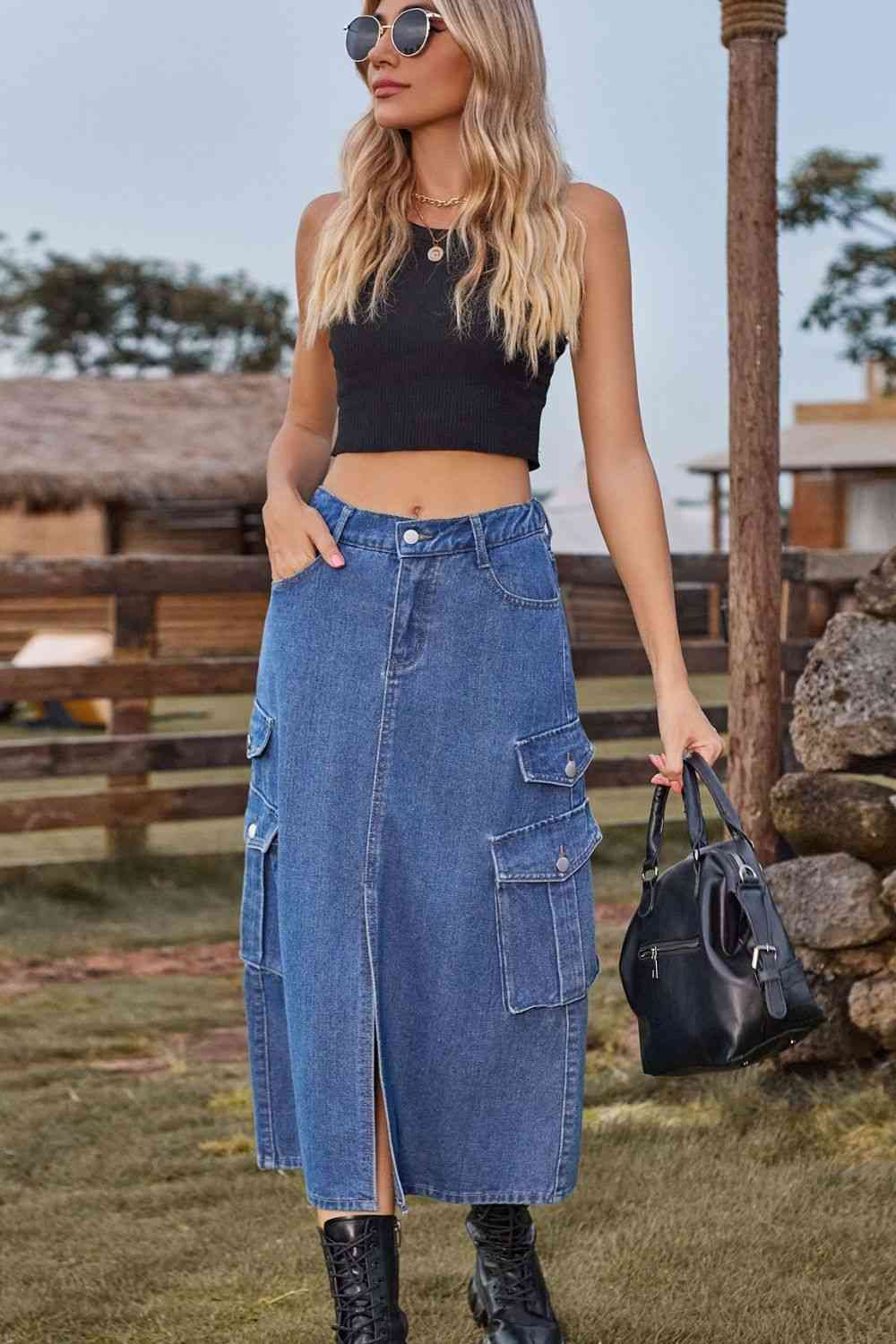 Stilla | Front Midi Denim Skirt Med Lommer