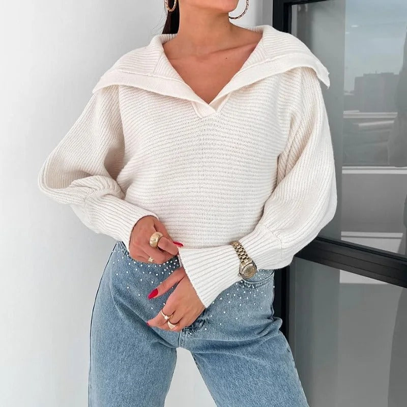 Stilla | Cozy Strikket Sweater med Lanterneærmer og Åben Krave