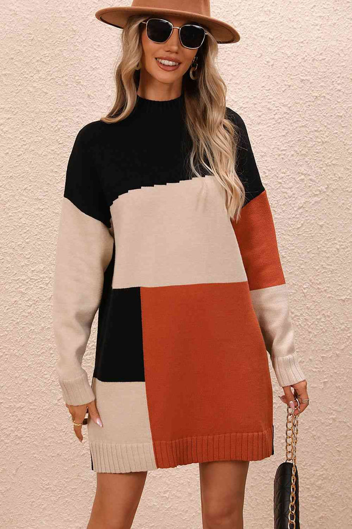 Stilla | Block Mock Neck Drop Shoulder Sweater Dress