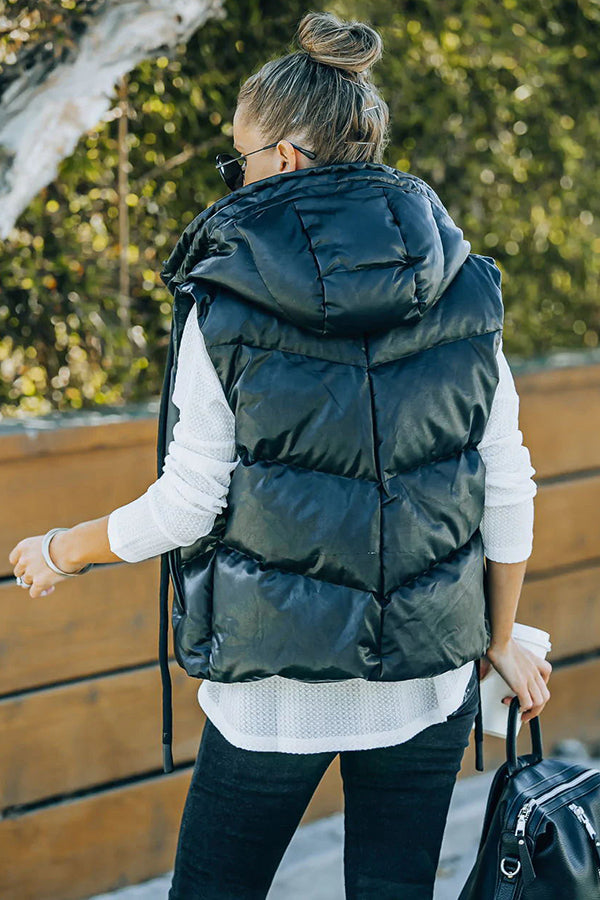 Stilla | Eliza Pocketed Hættetrøje Faux Læder Puffer Vest