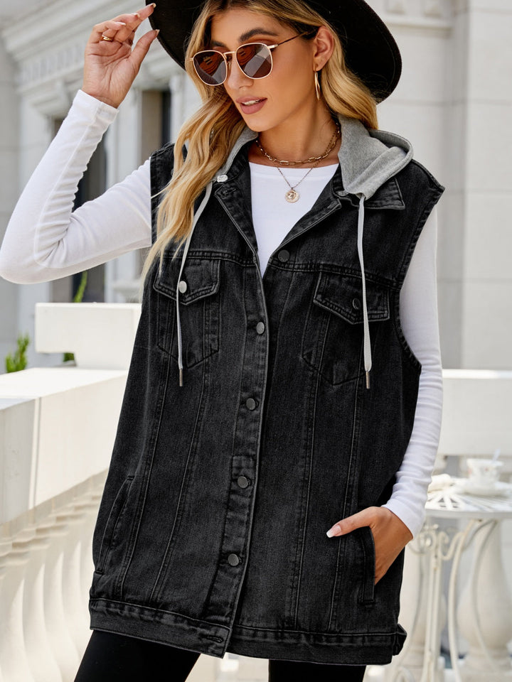 Stilla | Pocketed Button Up Uden Ærmer Denim Jakke