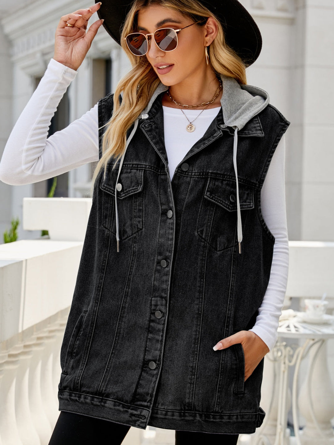 Stilla | Pocketed Button up Sleeveless Denim Jacket