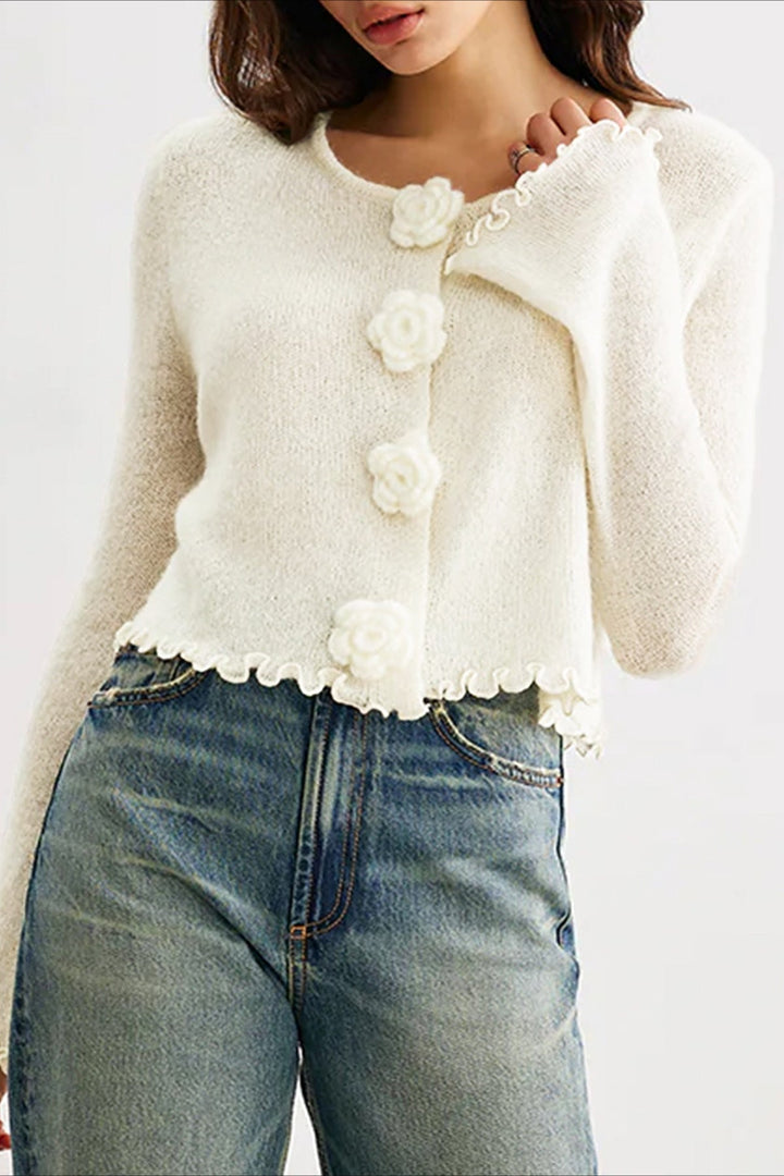Stilla | Slim, Floral Strik Cardigan med Flæser