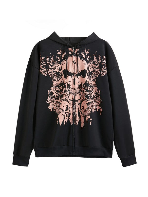 Stilla | Vintage Dødningehovedprint Oversized Hoodie med Lynlås