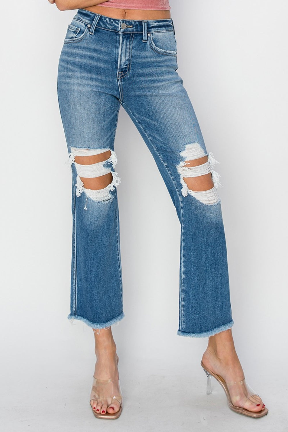Stilla | Mid Rise Distressed Cropped Flare Jeans