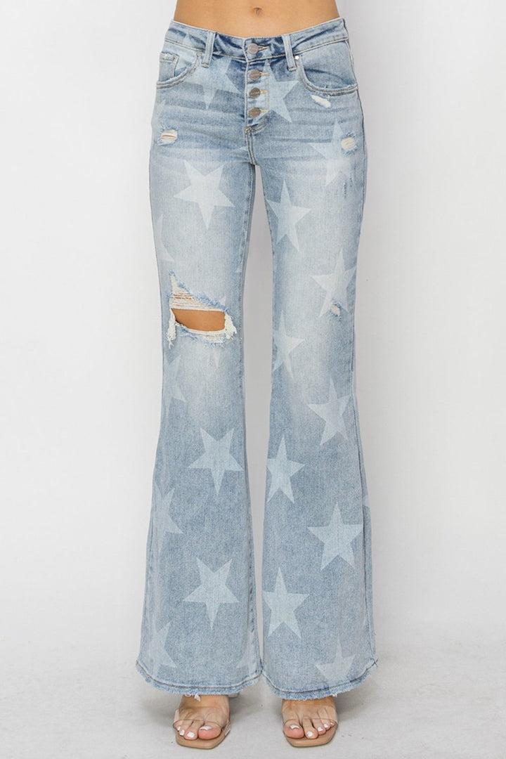Stilla | Medium Høj Knap Lukning Start Print Flare Jeans