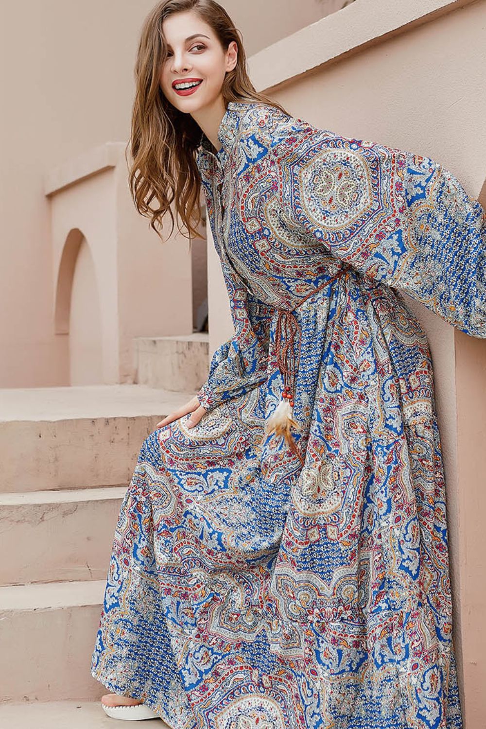 Stilla | Størrelse Printet Mock Neck Knappet Maxi Kjole