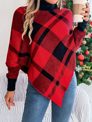 Stilla | Rullekrave sweater med ternet mønster og flagermusærmer