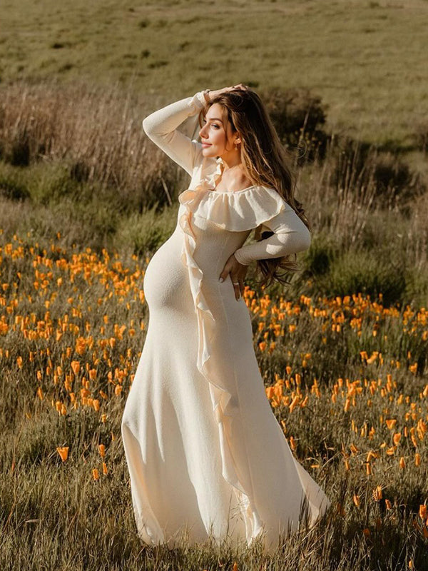 Stilla | Abrikos Maxi Kjoler Elegante Gravide En Skulder Slids Sidemund Flæser Ferie Graviditetsfotografi