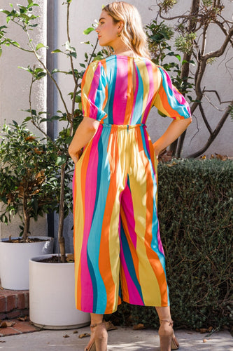 Stilla | Full Size Striped Puff Sleeve Wide Leg Jumpsuit