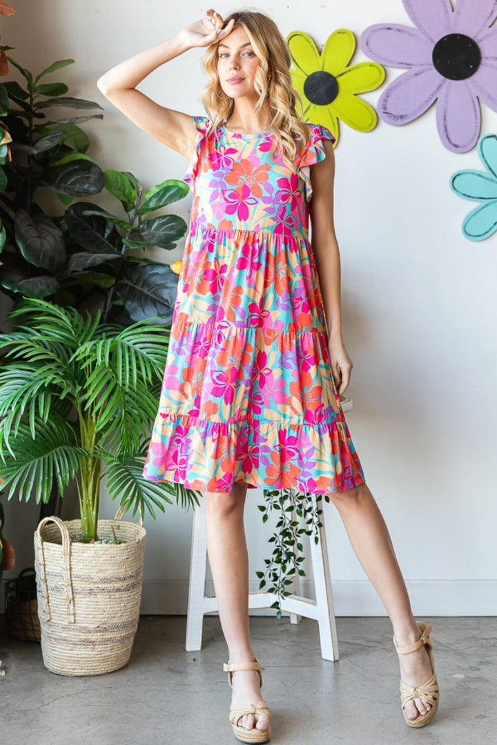 Stilla | Full Size Floral Cap Sleeve Tiered Dress