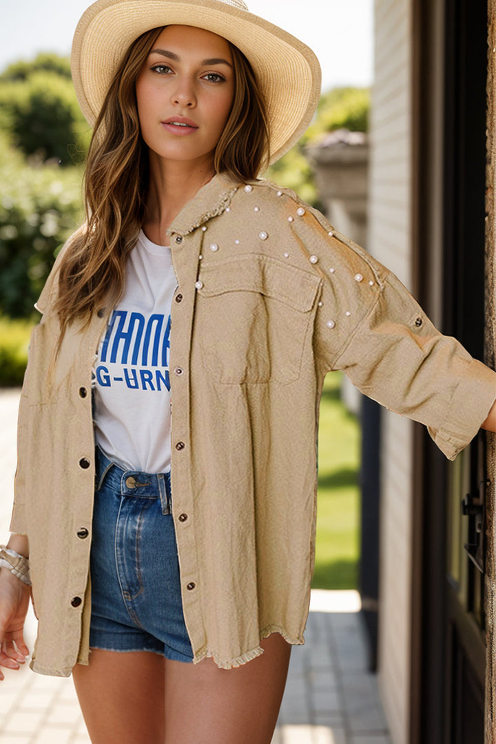 Stilla | Hem Pearl Trim Dropped Shoulder Denim Jacket