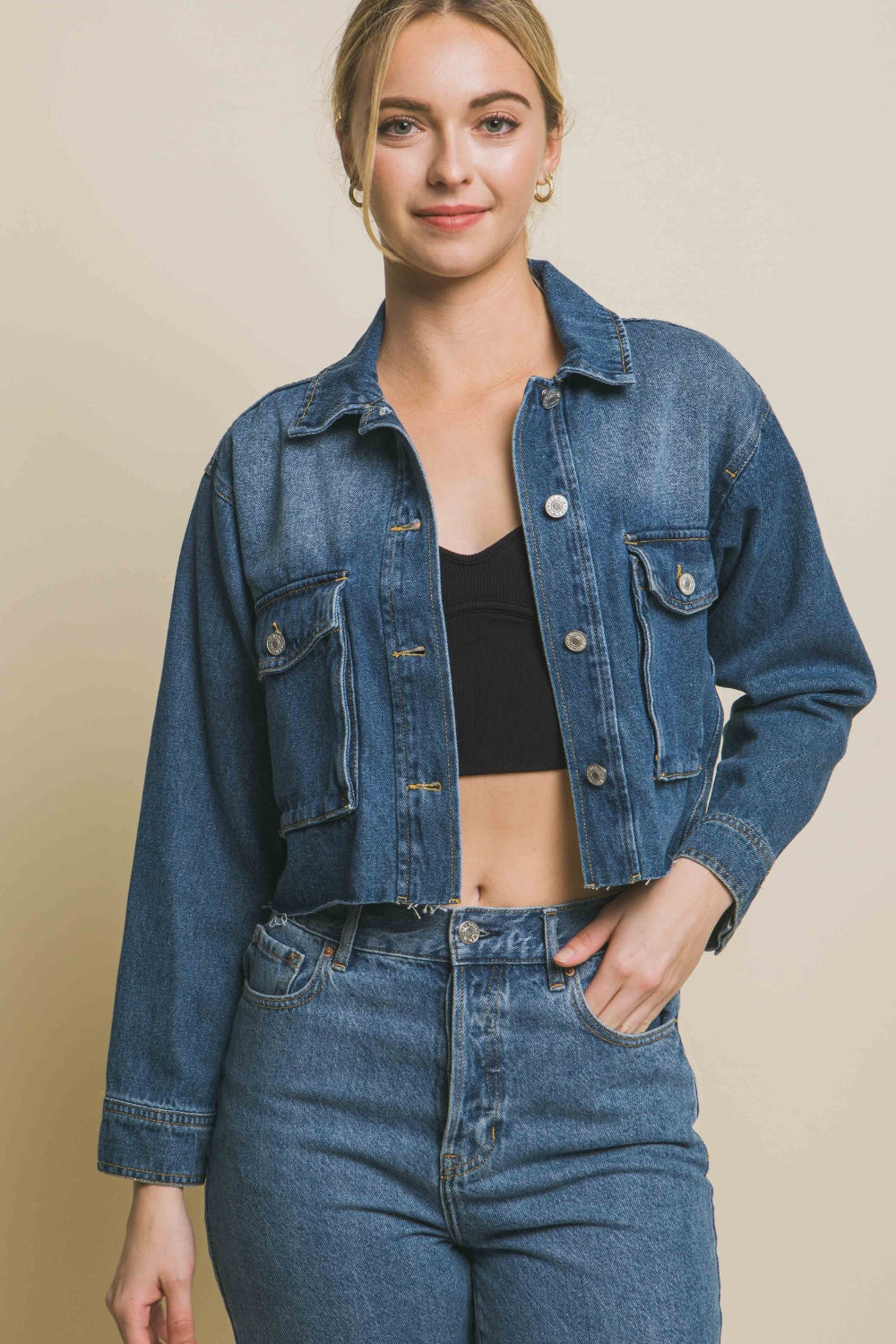 Stilla | Tree Raw Hem Button Up Cropped Denim Jakke