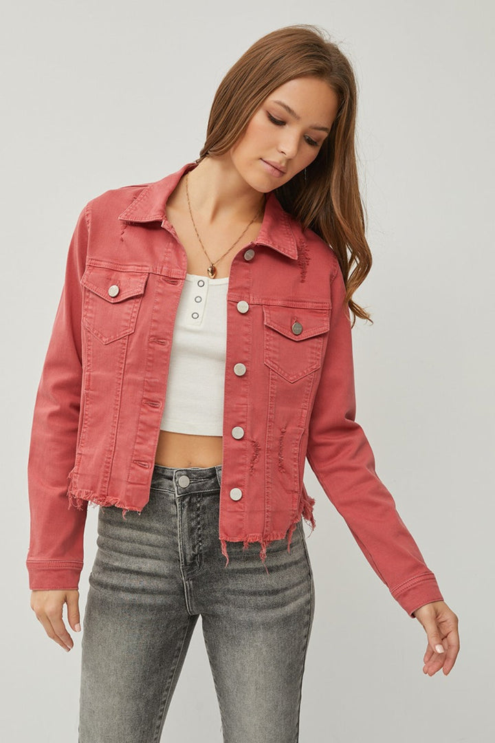 Stilla | Raw Hem Knappet Op Cropped Denim Jakke