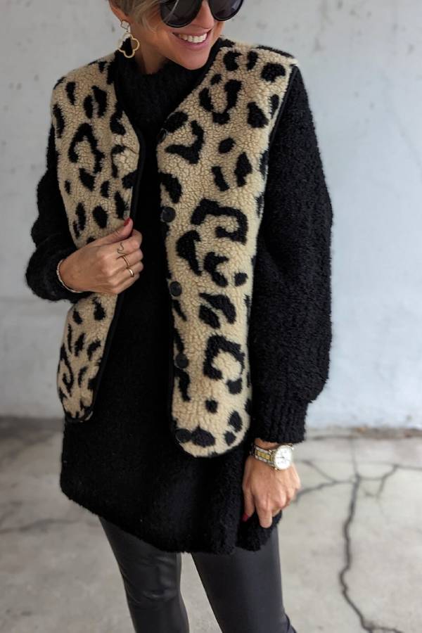 Stilla | Leopardmønster Frontåbning Casual Efterårs- og Vintervest Jakke