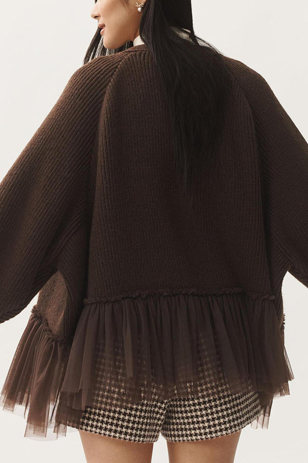 Stilla | Strik Cardigan med Mesh Flæse og Lange Ærmer