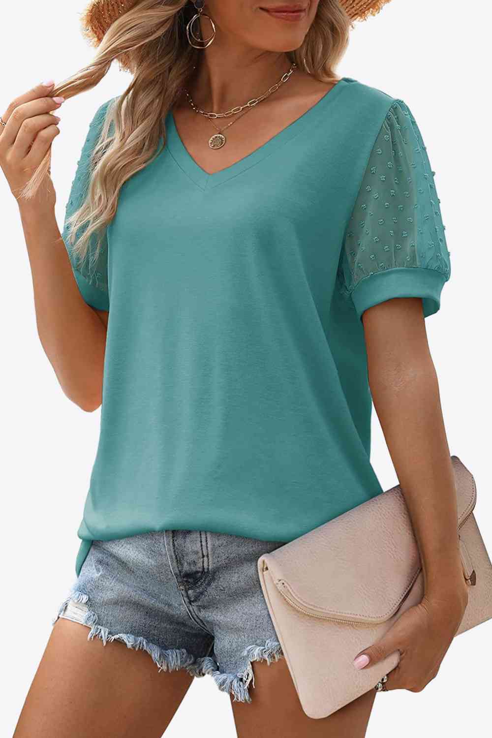 Stilla | Dot Puff Sleeve V-hals Tee