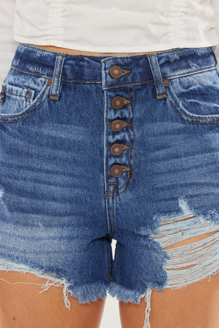 Stilla | Slidt Knap-Fly Høj Talje Denim Shorts