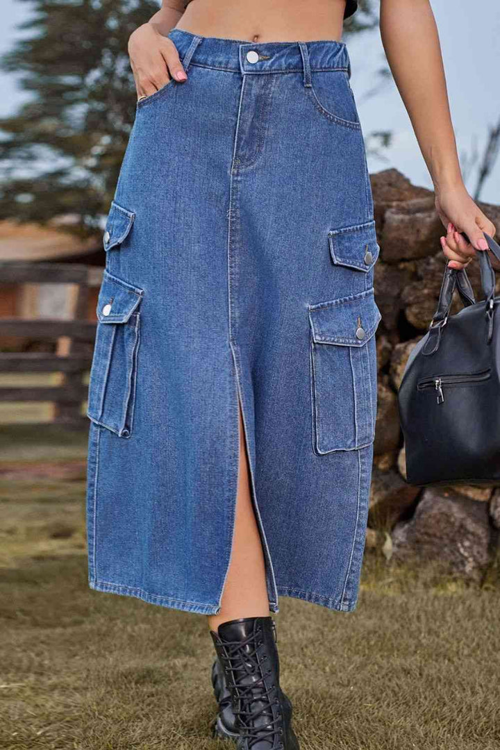 Stilla | Front Midi Denim Skirt Med Lommer