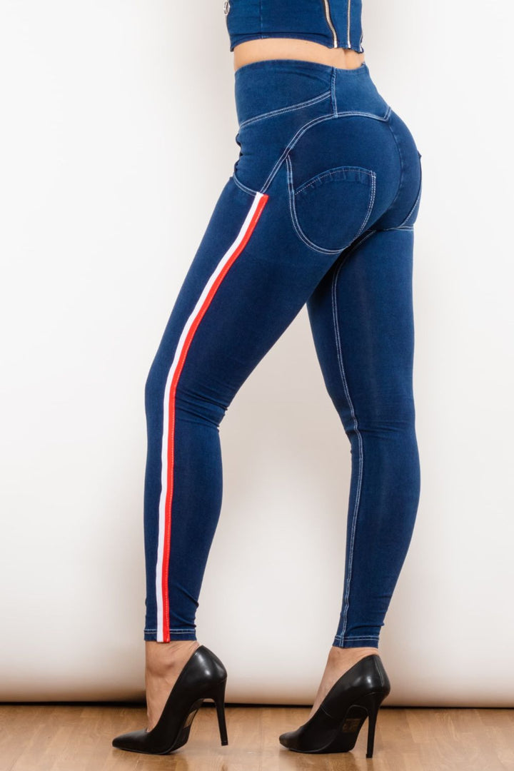 Stilla | Stribet Knappet Høj Talje Skinny Jeans