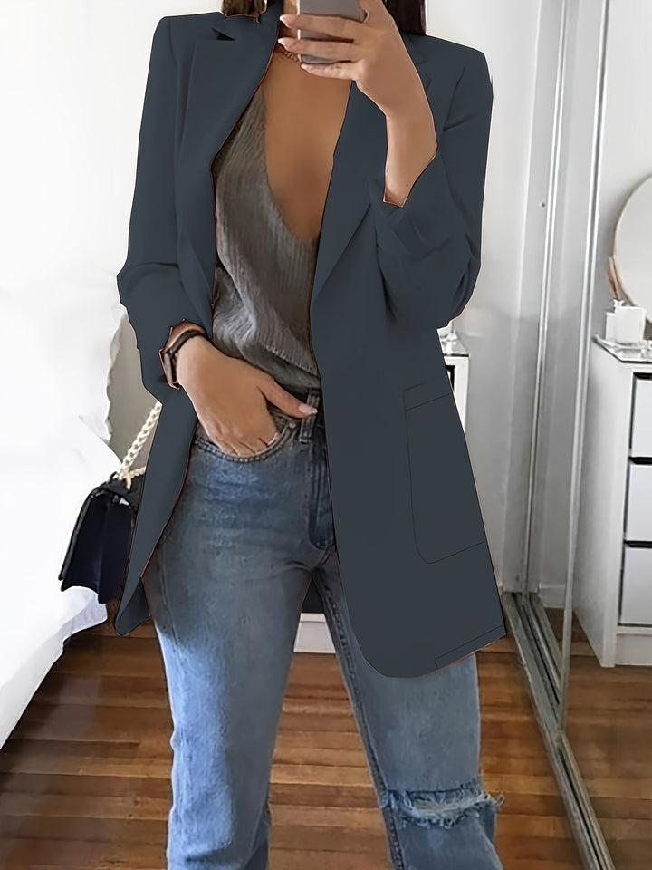 Stilla | Elegant Erhverv-Enfarvet Lang Blazer med Revers ideel til alle årstider