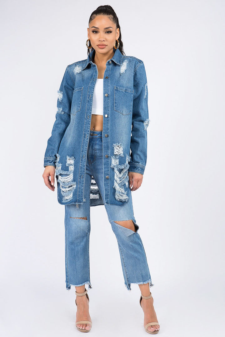 Stilla | Bazi Distressed Knap Ned Denim Skjorte Jakke