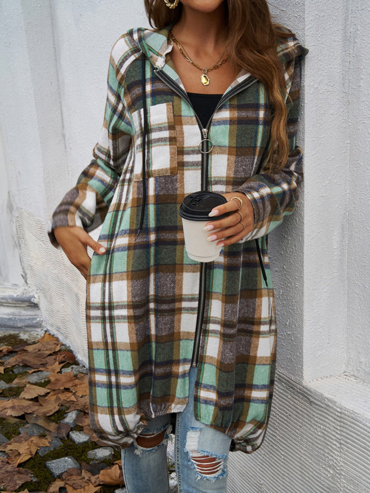 Stilla | Plaid Zip Up Hooded Coat