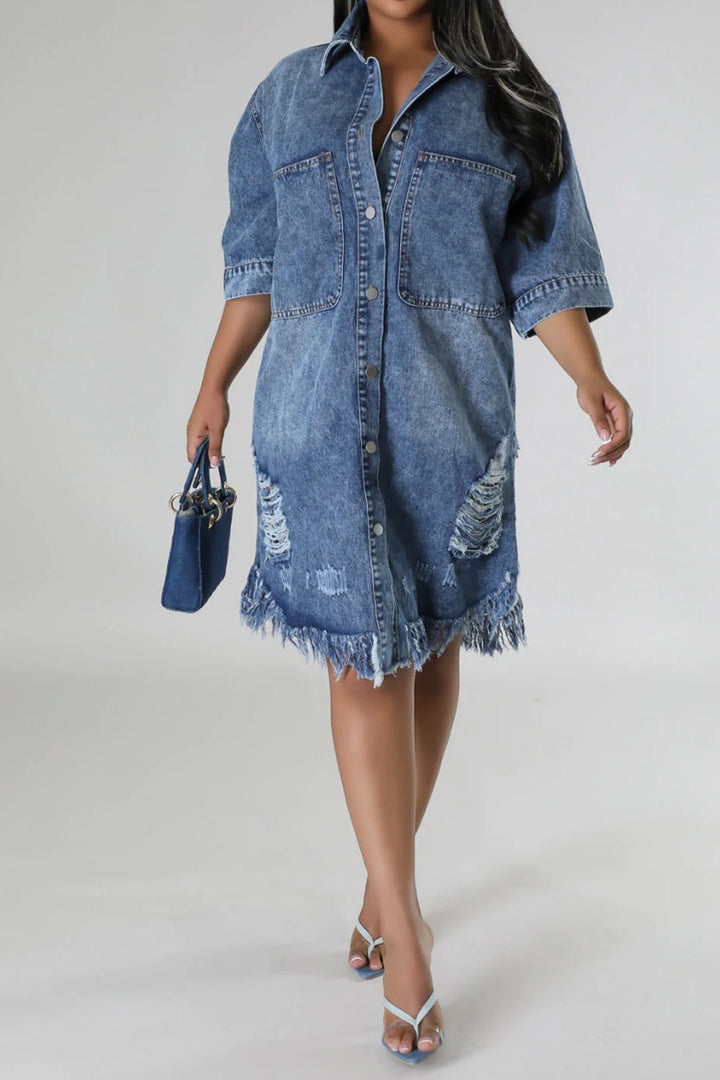 Stilla | Raw Hem Button Up Denim Kjole