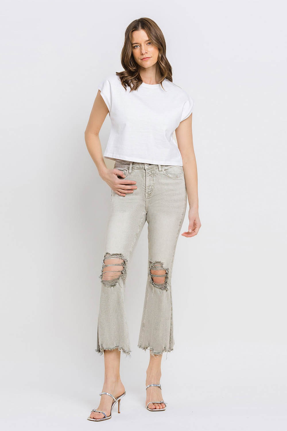 Stilla | Distressed Raw Hem Cropped Flare Jeans